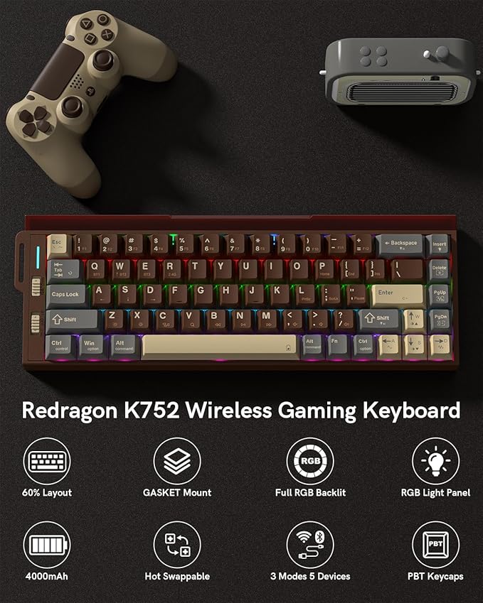 Redragon K752 Wireless Mechanical Keyboard, 60% Gasket Mount Gaming Keyboard with RGB Backlit, Creamy Sound, Tri-Mode 2.4GHz/BT5.0, Hot-Swappable, PBT Keycaps for PC/Mac Gamer