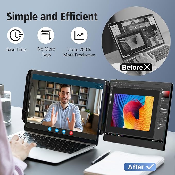 BOSII Laptop Screen Extender Monitor - 14 Inch Dual IPS FHD 1080P HDMI/USB-A/Type-C Extended Portable Monitor for Laptops (Maximum Length: 15.74") Compatible with Windows Mac Travel Work