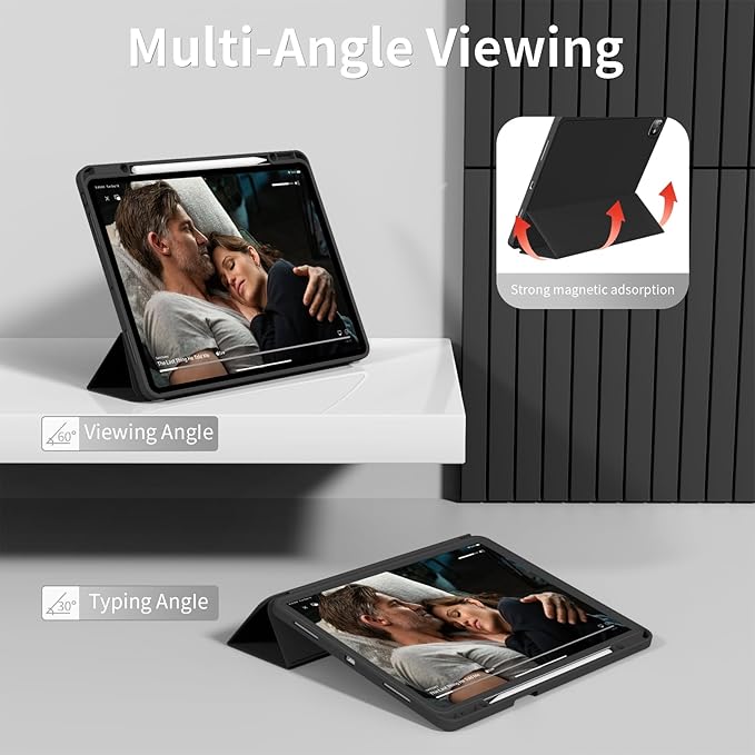 for iPad Pro 13 inch Case (M5/M4) 2025/2024, Slim Protective Cover with Pencil Holder, Soft TPU Back Cover, Trifold Stand, Auto Wake/Sleep, A2925 A2926 A3007 A3362 A3359 (Black)