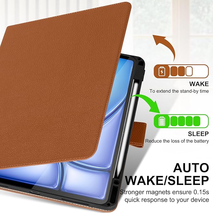 Genuine Leather Case for iPad Air 13 inch M4 2026/M3 2025/M2 2024, with Pencil Holder and Adjustable Stand, Magnetic Closure, Auto Wake/Sleep Cover | Brown