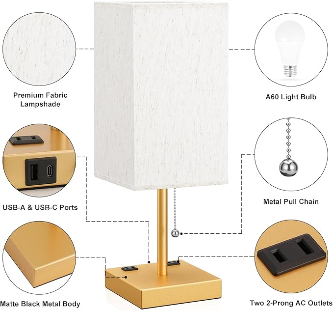 aooshine Medium Table Lamp with USB Ports - 3 Color Temperature Bedside Lamp for Bedroom, Pull Chain Control, USB A and C Ports, 2 AC Outlets, Bulb Included
