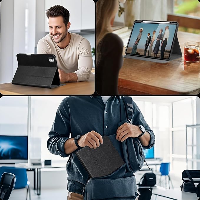 Gexmil Genuine Leather Case for iPad Pro 11 Inch (M5/M4) 2025/2024 with Pencil Holder,Protective Shockproof Leather Smart Folio Cover Adjustable Stand Auto Sleep/Wake Anti-Slip,Cross-Hatched Black