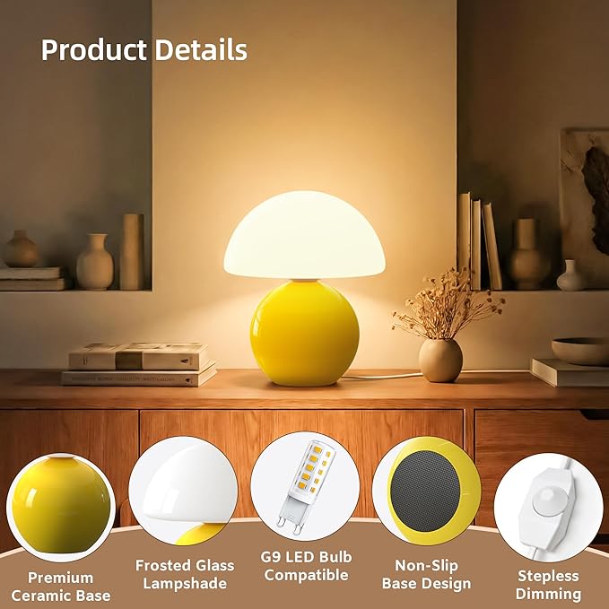 Dawnwake Mushroom Lamp Desk Lamp for Bedroom,Table Bedside Small Lamps for Living Room,Mushroom Decor Cute Mini Modern Mid Century Lamps for Night Stands,Aesthetic Home Living Room Decor(Yellow)