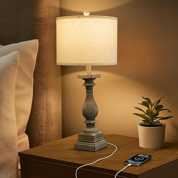 BOBOMOMO 27" Farmhouse Table Lamps with USB-A +C Ports, Vintage Rustic Lamps for Living Room, Linen Shade, Retro Side Table Lamps Set of 2 for Living Room,Bedroom,Night Stands (Blubs not Included)