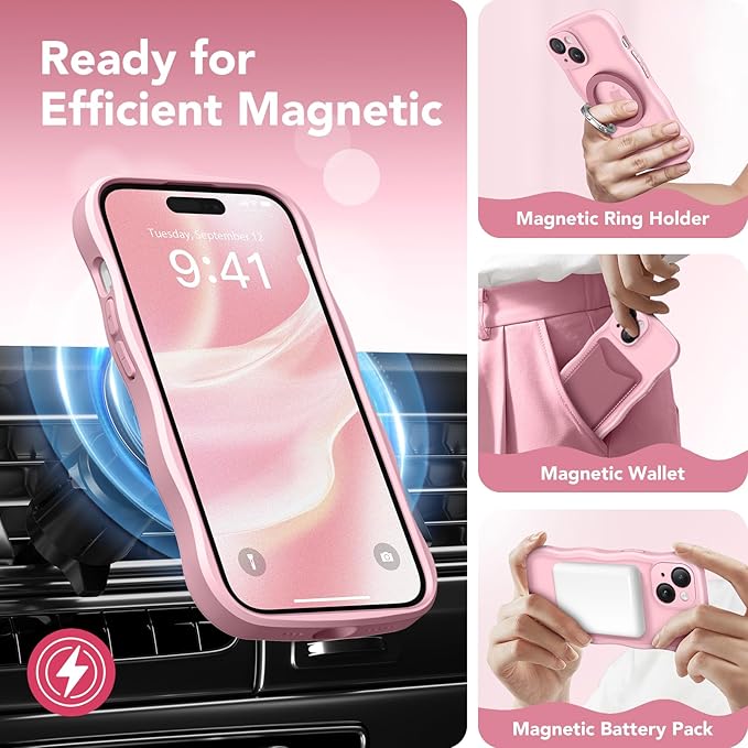 CAPRARO Cute for iPhone 15 Plus Case, Compatible with MagSafe, [Curly Wave Edge] [Full Camera Protection] [14 FT Drop Protection] Magnetic Phone Case for 15 Plus 6.7 Inch, Peach Pink