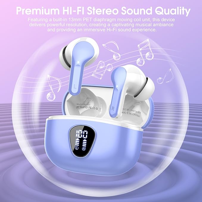 Wireless Earbuds, Bluetooth 5.4 Headphones HiFi Stereo, Bluetooth Earbuds with ENC Noise Cancelling Mic,IP7 Waterproof in Ear Earphones, 48H, LED Display Ear buds for Pad Phones Workout, White Purple
