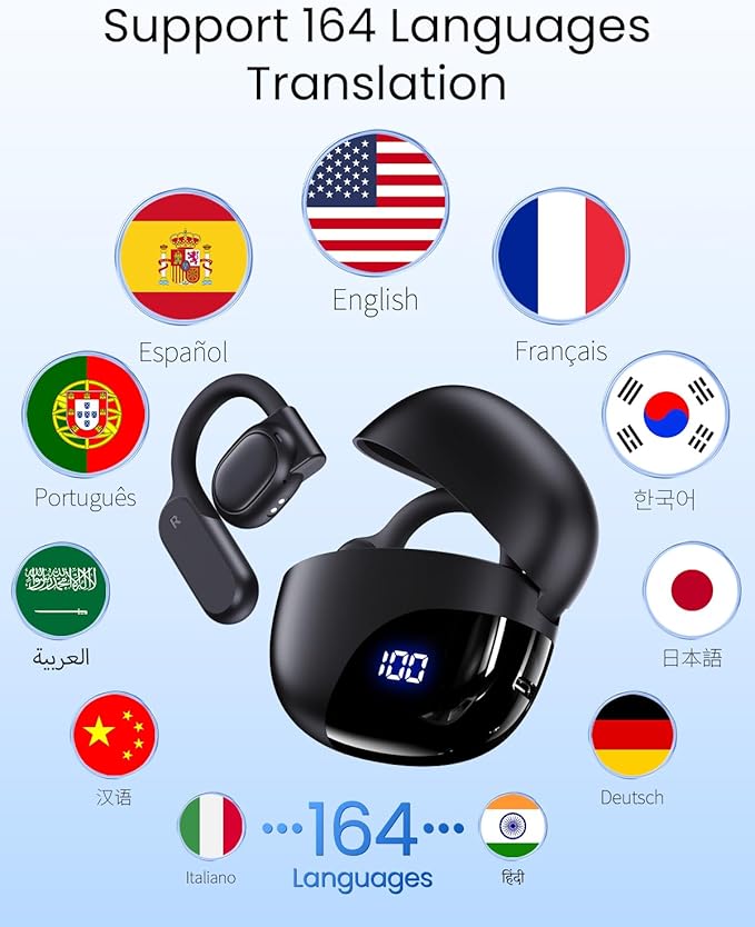 AI Translation Earbuds Real Time 164 Languages 80H Playtime Translator Ear Buds Audifonos Traductores Inglés Español Wireless Earphones Bluetooth AI Headphone for Travel Meeting Learning K08 Black