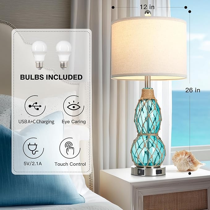 Rinweey 26" Coastal Glass Table Bedside Lamps Set of 2, 3-Way Dimmable Touch Lamps with USB Ports and AC Outlet, Nautical Nightstand Lamps for Bedroom Living Room,Teal