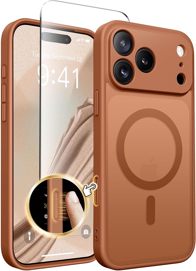 CAPRARO Magnetic for iPhone 17 Pro Case, Upgraded [Full Camera Protection] [Compatible with MagSafe] Protective Translucent Matte Women Girl Phone Case Cover, Dark Orange