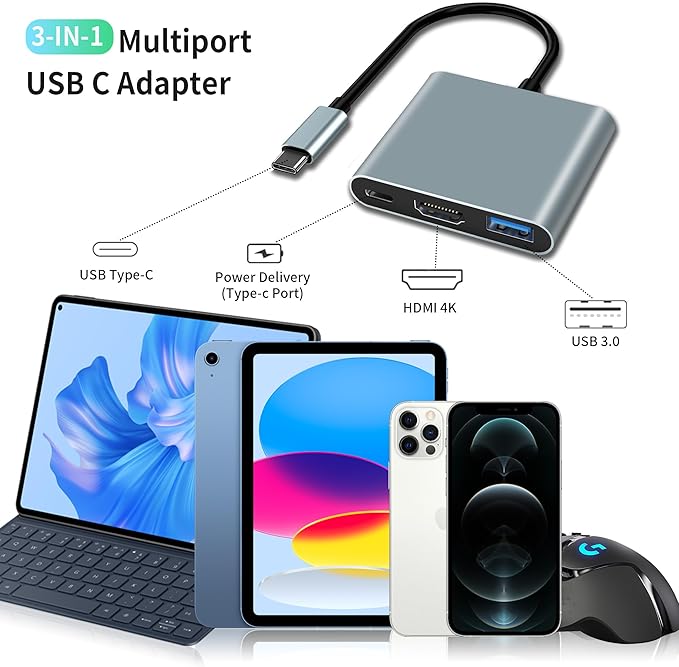 USB C Adapter, USB C to HDMI Multiport Adapter, USB C Hub, USB C to USB Adapter with 4K HDMI, USB 3.0, 100W Power Delivery, for iPhone 15, Samsung, MacBook, iPad pro, Chromebook, Dell, Switch