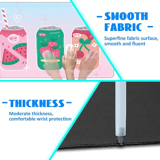 Desk Mat, Kawaii Fruit Flavors Sparkling Soda Drink Extended Gaming Mouse Pad Large, 31.5"x11.8" Big Mouse Pad with Non-Slip Base and Stitched Edge, Long Computer Keyboard Mouse Mat for Home Office