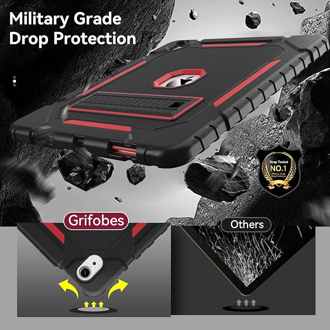 Grifobes Case for iPad Air 13-inch (M4/M3/M2) 2026/2025/2024, Heavy Duty Shockproof Rugged Protective Cover with Pencil Holder/Built-in Stand for i Pad Air 13" (Black+Red)