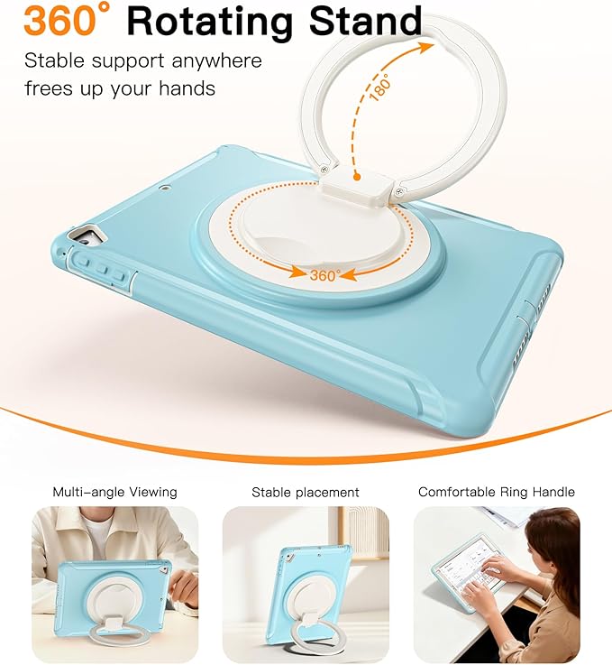 BATYUE Case for iPad 6th Generation 9.7 inch 2018, iPad 5th Gen 2017, iPad Air 2/ iPad Pro 9.7'',Shockproof Protective Cover with Pencil Holder &Rotating Kickstand,for Kids,Boys,Girls (Frozen Blue)
