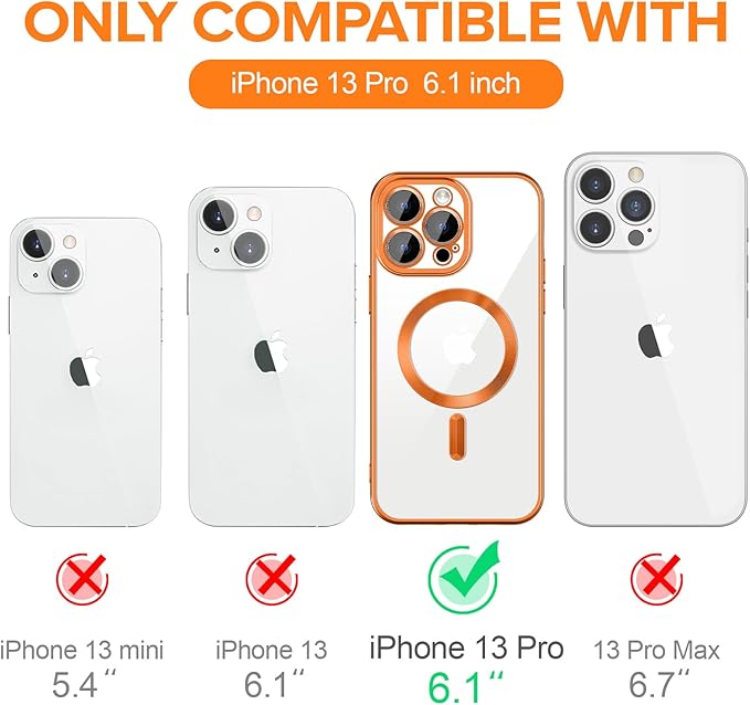 Hython Magnetic Clear for iPhone 13 Pro Case with Camera Lens Protector [Compatible with MagSafe] Luxury Plating Edge Slim Soft TPU Cover Protective Phone Case for iPhone 13 Pro 6.1", Matte Orange