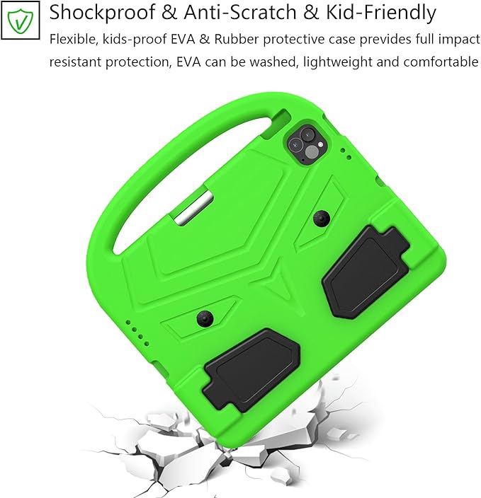 Kids Case for Apple iPad Pro 11 inch M5/M4 Tablet (2025/2024) with Pencil Holder/Handle/Kickstand Slim Lightweight Cute Soft EVA Foam Shockproof Stand Cover for Boys Girls Teens, Green Bird