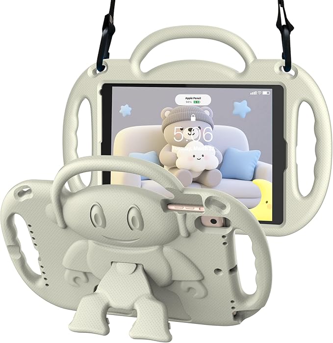 Kids Case for iPad 5th/6th Generation (9.7 inch, 2017/2018) & iPad Air 1/2 9.7" & Pro 9.7, Durable Shockproof Lightweight Kids Cover with Shoulder Strap/Handle/Kickstand, Light Grey