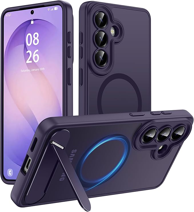 Magnetic for Samsung Galaxy S26 Case, [Compatible with MagSafe][Full Camera Protection][Built-in Invisible Kickstand] Translucent Matte Phone Case for S26 6.3" - Purple