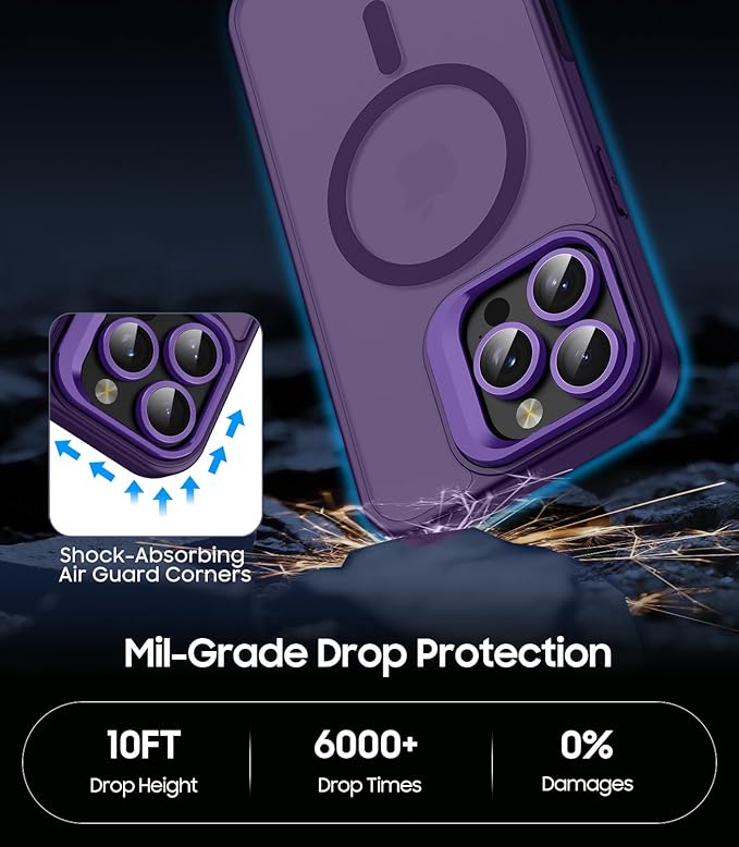 TOBOVON for iPhone 16 Pro Max Case, Compatible with MagSafe, Built-in Camera Ring Stand, with Individual Camera Cover, Translucent Matte Military-Grade Drop Protection Magnetic Case, Purple