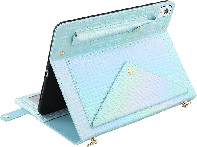 Shiny Case for iPad 9th 8th 7th Gen 10.2"/iPad Air 2019/iPad Pro 10.5, Techcircle Crossbody Iridescent Folio Stand Wallet Case with Pencil Holder+Card Slots+Hand Strap+Shoulder Strap, Shiny Blue