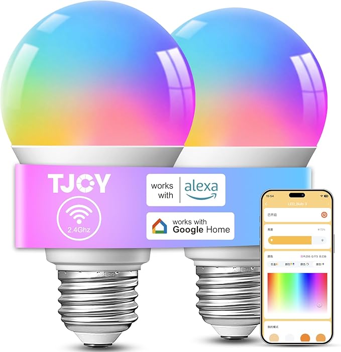 TJOY Smart Light Bulbs, WiFi LED Bulb Compatible with Alexa &Google Assistant, RGB Color Changing Alexa Bulbs, 9W(60W Equivalent), A19 E26 800LM, 2.4Ghz WiFi only,2 Pack