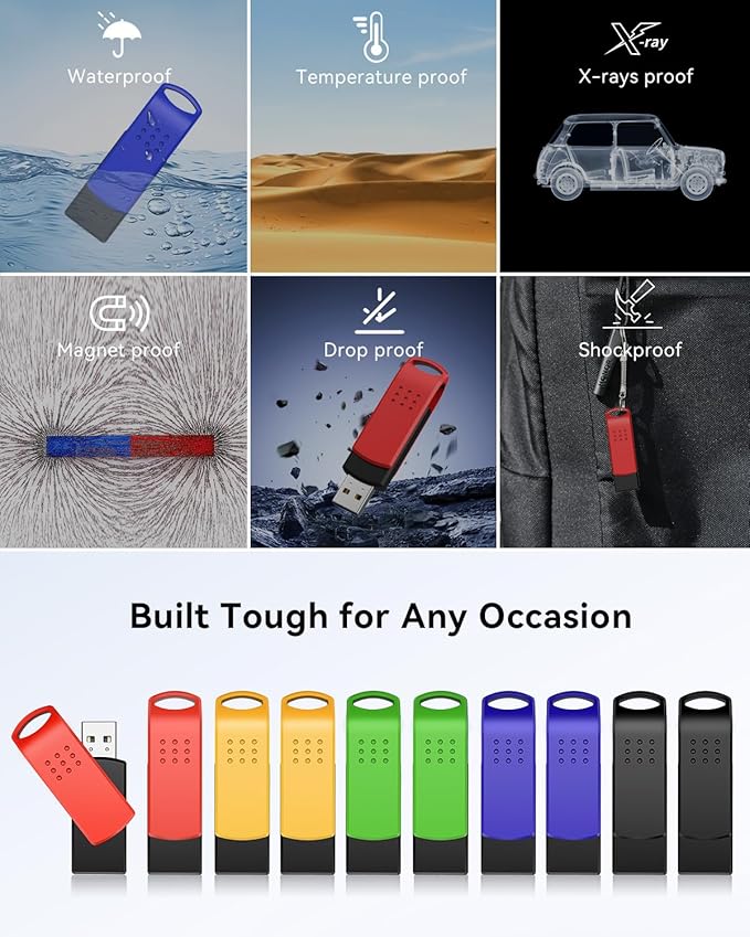 KEXIN 64G Flash Drives 10 Pack USB 2.0 Thumb Drives Bulk with LED Light - Stylish Colorful Pen Drive for Photo Video File Music - Green, Red, Black, Blue, Yellow