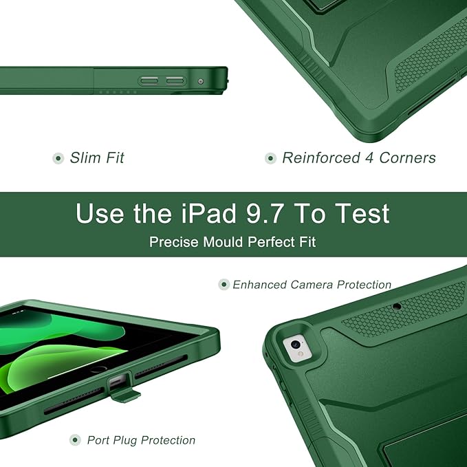 Soke Case for iPad 6th/5th Generation 9.7 Inch 2018/2017,with Built-in Screen Protector and Kickstand, Rugged Full-Body Heavy Duty Protective Cover for Apple iPad Air 2 /Pro 9.7 - Alpine Green