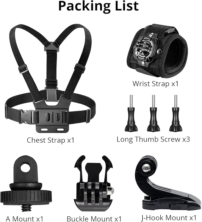 AKASO Action Camera Accessories Kit with Wrist Strap and Chest Strap Compatible AKASO EK7000/EK7000 Pro/Brave 4/Brave 4 Pro/Brave 7 LE/Brave 7/Brave 8/V50X/GoPro Hero 13 12 11 10 9/DJI Action Camera