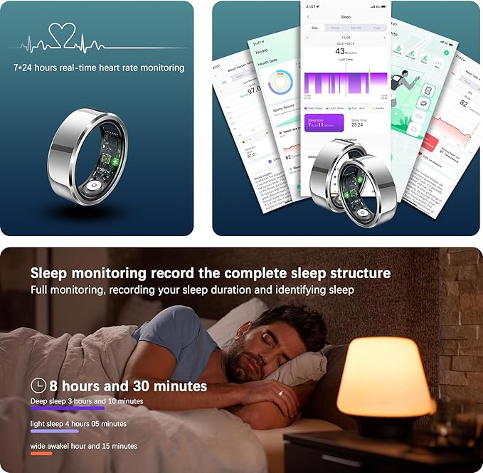 Ultra-Thin Smart Health Tracker Ring with Heart Rate & Sleep Monitoring | Fitness Activity Tracker for Steps/Calories | 7-Day Battery Life | Compatible with iOS/Android (Unisex Design) (10)