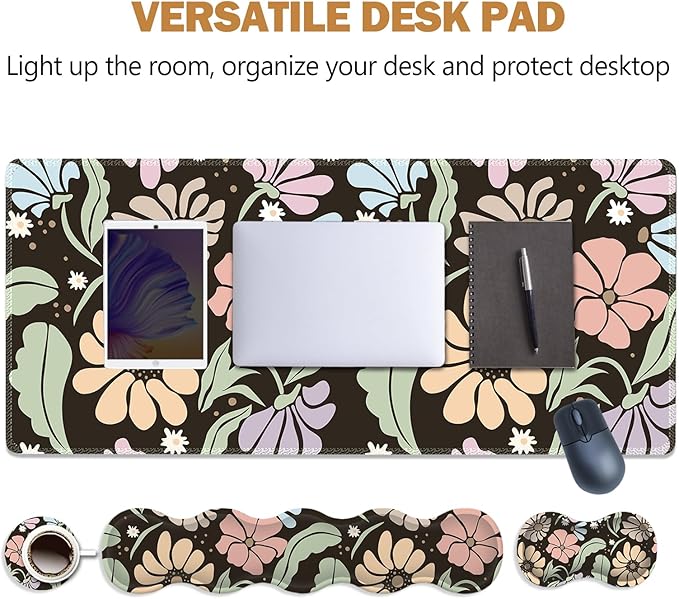 ARTSO Keyboard Wrist Rest Large Mouse Pad Wrist Support,Black Floral 4in1 Keyboard Pad Desk Mat,Ergonomic Memory Foam Wrist Support Cushion for Home Office
