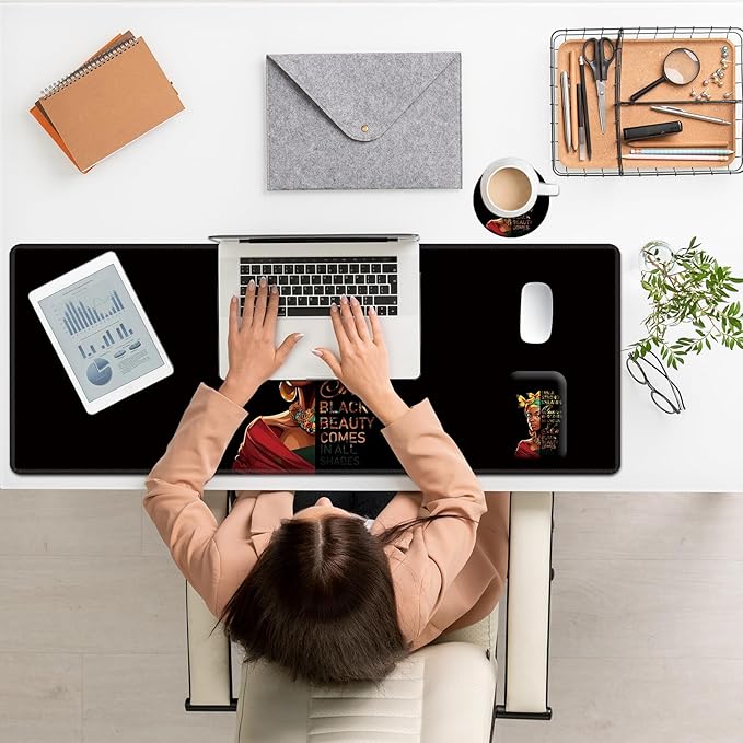 Large Mouse Pad Set, Desk Mat + Elbow Rest Pad + Coaster, Easy Typing Pain Relief, Ergonomic Arm Rest Pad with Memory Foam, Extended Desk Pad Anti-Slip Rubber Base for Office Home,Black Women