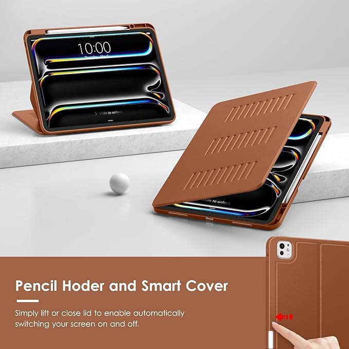 VIKESI Case for iPad iPad Pro 13-inch M5 or M4 Released in 2025 or 2024,Multiple Angles Magnetic Stand Cover,Shockproof Soft Back,Pencil Holder,and Auto Sleep/Wake,Brown