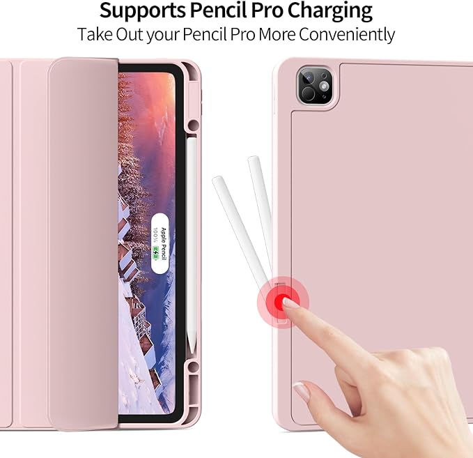 for iPad Pro 13 inch Case (M5/M4) 2025/2024, Slim Protective Cover with Pencil Holder, Soft TPU Back Cover, Trifold Stand, Auto Wake/Sleep, A2925 A2926 A3007 A3362 A3359 (Pink)