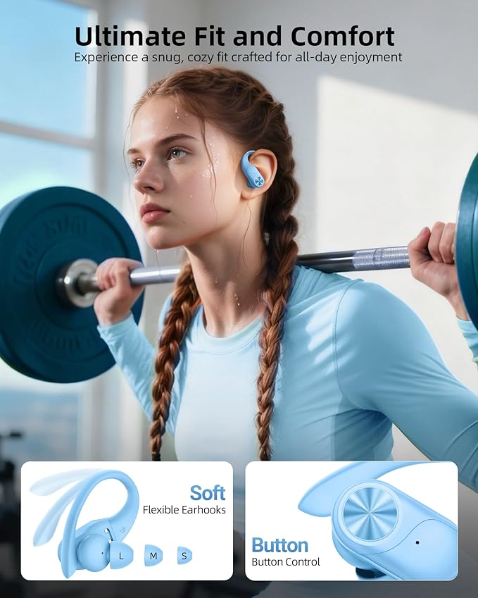 PocBuds Bluetooth Headphones Wireless Earbuds 80hrs Playtime Wireless Charging Case Digital Display Sports Ear Buds with Earhook Deep Bass IPX7 Waterproof Over-Ear Earphones for TV Phone Laptop Blue
