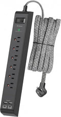 Surge Protector Power Strip 10FT, 10-in-1 with 6 AC Outlets 4 USB Ports(2 USB-C), Ultra Flat Plug Braided Extension Cord, Wall Mountable, 1080J Surge Protection, ETL Listed, Black