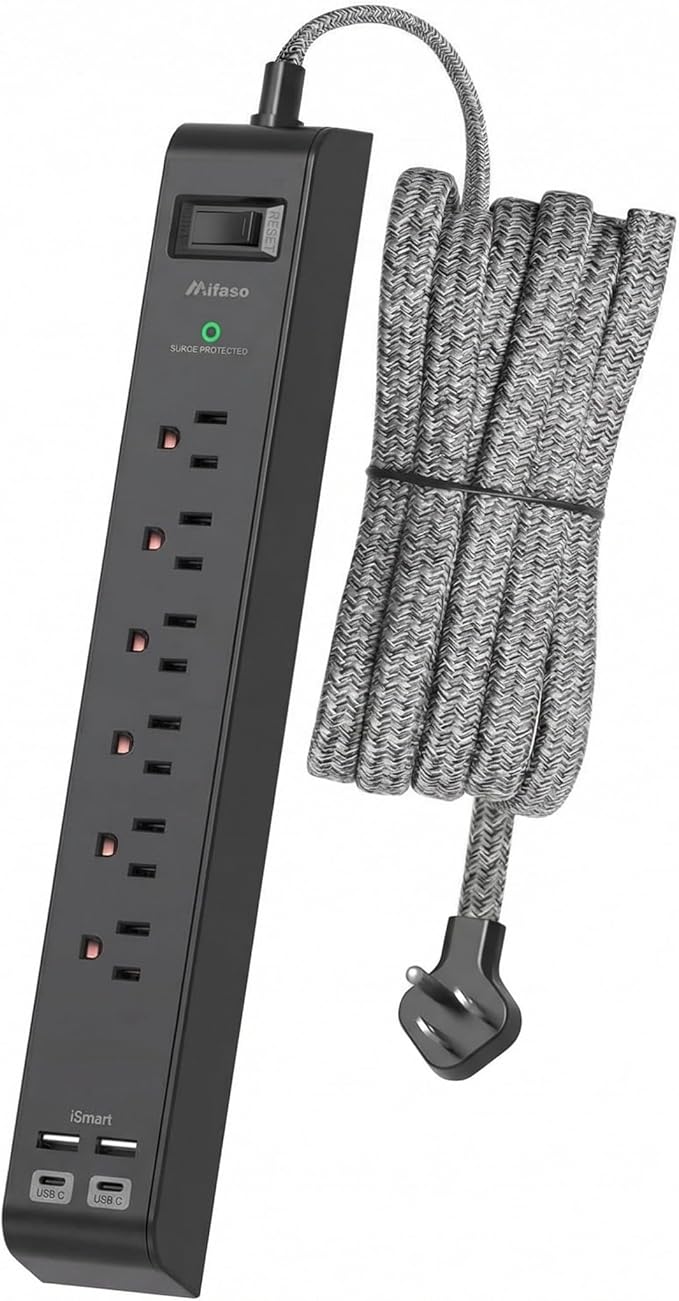 Surge Protector Power Strip 10FT, 10-in-1 with 6 AC Outlets 4 USB Ports(2 USB-C), Ultra Flat Plug Braided Extension Cord, Wall Mountable, 1080J Surge Protection, ETL Listed, Black