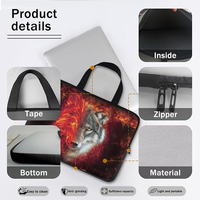 Flaming Wolf Laptop Case 13 Inch Sleeve, Protective Computer Covers with Accessory Pocket, Wildlife Animal Compatible Sleeve Bag for Most 10-17 Inch Notebooks, Black & Red