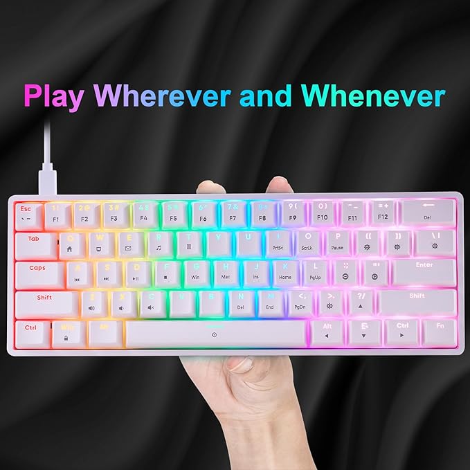 Mechanical 60% Keyboard RGB 1680M Color Backlit Compact Mini 61 Key Blue Switch Portable Keypad Compatible with Windows iMac Laptop PC Computer Office Gamer(White)
