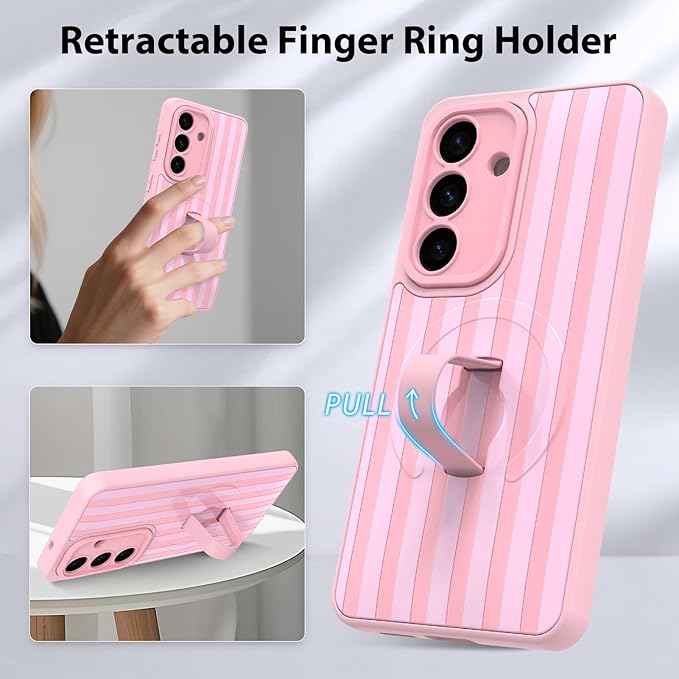 KANGHAR Compatible with Samsung Galaxy S26 Case, Support for MagSafe, Silicone Stripes Cute Pattern, Wristband Kickstand Camera Protection Soft Slim Cover for Girls Women -Pink