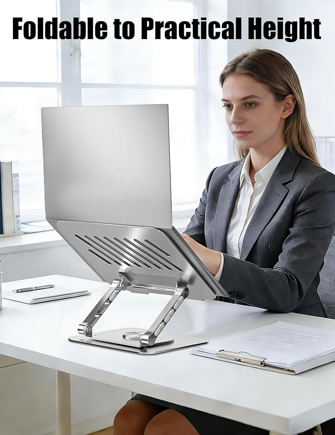Adjustable Computer Stand with 360 Rotating Base, Ergonimic Foldable Laptop Riser for Desk Compatible with MacBook Pro/Air Notebook up to 16 Inches, Silver