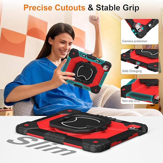 Case for iPad Pro 13 Inch M5 2025 / M4 2024, Auorld for iPad Pro 13 Inch M5 2025 with Screen Protector, 360 Degree Rotating Stand Shoulder Strap Pencil Holder, Black Red