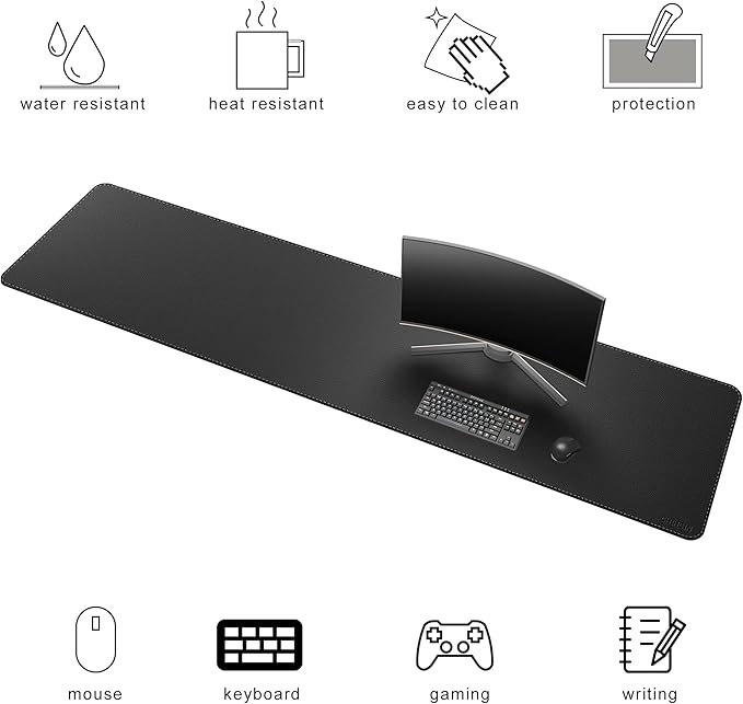 Chihein 79" x 20" 5XL PU Leather Desk Mat (Black), Huge Mouse Pad, Dual Sided Desk Pad Protector, Waterproof Writing Blotter for Gaming/Office/Home