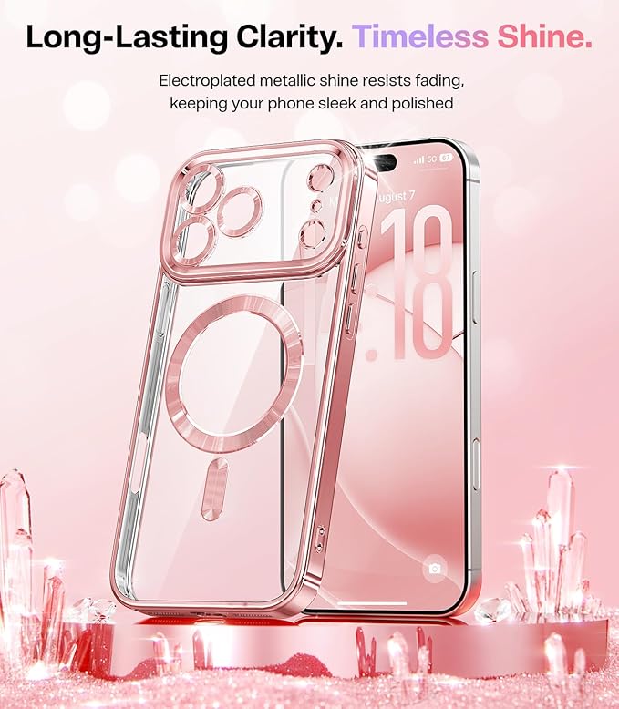 Meifigno Designed for iPhone 17 Pro Case 6.3", [Glitter Card & Wrist Strap][Compatible with MagSafe][2X HD Screen Protectors] Surround Raised Lens Protection for 17 Pro Phone Case for Women, Rose Gold