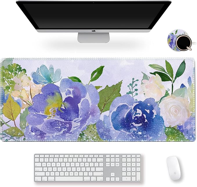 ARTSO Large Gaming Mouse Pad with Stitched Edges, XXL Extended Keyboard Mat Long Mousepad Desk Decor Writing Pad 35.1x15.7 in, Non-Slip Base for Work, Game, Office, Home, Purple Rose Flower