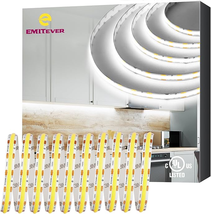 EMITEVER COB LED Strip Lights Cool White 32.8ft, 5000K Ra 90+ Tape Light Premium High Density, 24V, 300+Lumens/ft, 4800LEDs/Spool, 3W/ft, UL Listed 5 Year Warranty (Power Supply Sold Separately)