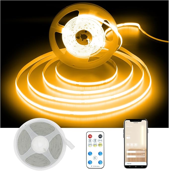 DAYBETTER COB LED Strip Light,LED Lights for Bedroom 16.4ft,Warm White 3000K Dotless LED Light Strip,1600 LEDs Super Bright Dimmable 24V Flexible Tape Lights with Remote,Kitchen,Cabinets Lighting