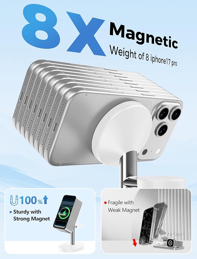 Hevanto 2026 3 in 1 Wireless Charging Station for Apple MagSafe Charger, 15W Fast Magnetic Mag-Safe Charger Stand for iPhone 17 16 15 14 13 12 Apple Watch AirPods Series, SilverWhite