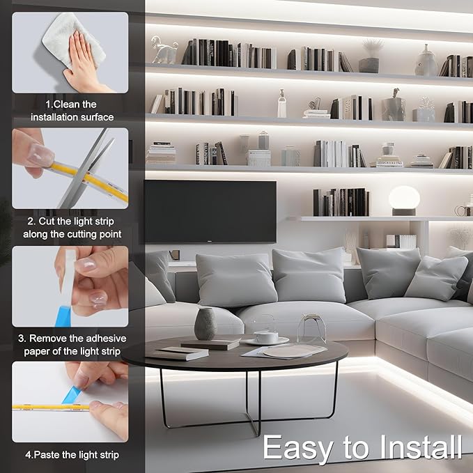 ZSLAIFU 24V COB LED Strip, LED Strip for Bedroom, 16.4FT Remote Control LED Strips, White LED Light Strip, COB Flexible Light for Bedroom Cabinet Vanity Mirror DIY Lighting
