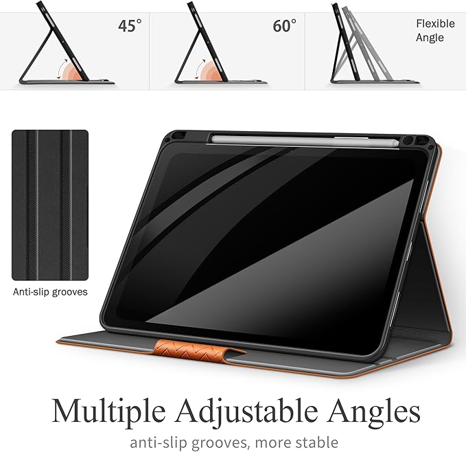 auaua Case for iPad Pro 11 Inch (M5/M4) 2025/2024, PU Leather Case with Pencil Holder, Supports Pencil Pro and Pencil(USB-C), Adjustable Angles, Auto Sleep/Wake (Brown)