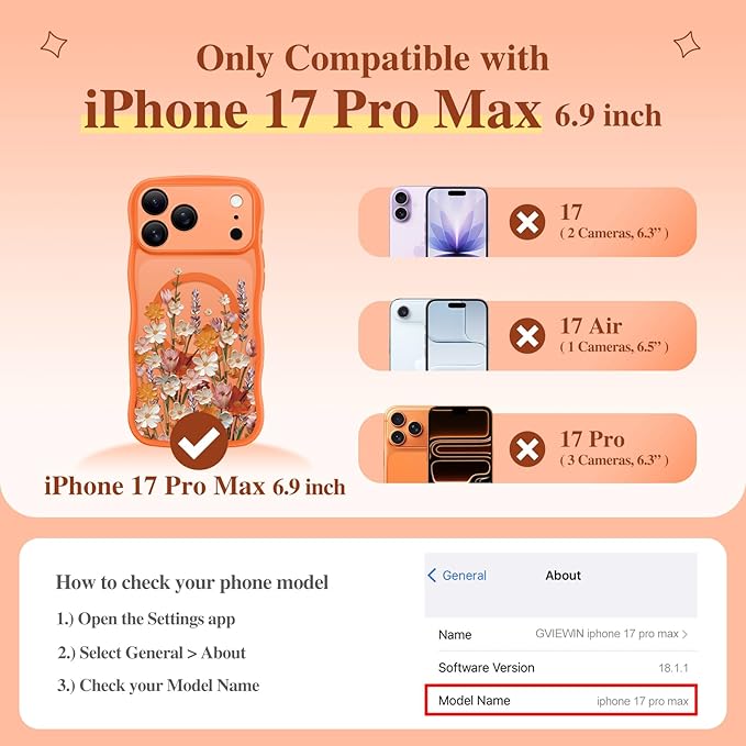GVIEWIN for iPhone 17 Pro Max Case Compatible with MagSafe [Curly Wave Edge][Full Camera Protection] Floral Translucent Shockproof Magnetic Women Phone Case for 17 Pro Max, Primrose/Orange