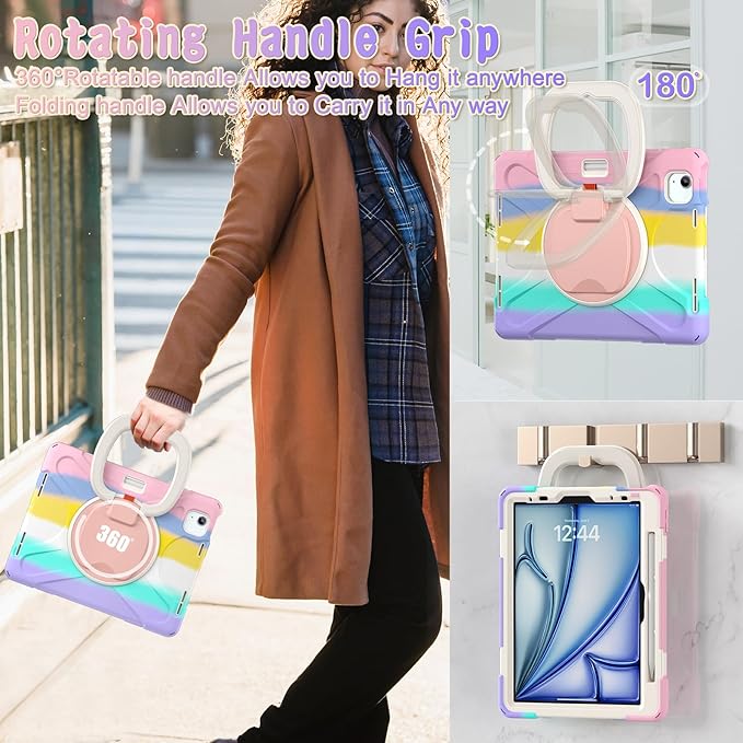 TSQQST Case for iPad Air 11 Inch M4 2026/M3 2025/M2 2024, Cover for iPad Air 5th 4th Generation 10.9"/Pro 11 4th/3rd/2nd/1st Heavy Duty Shockproof Case w/Screen Protector+Handle Grip+Strap, Rainbow